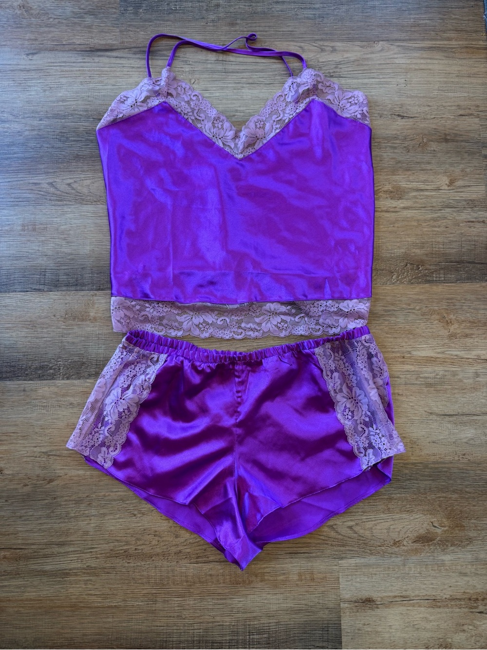 Frederick's of Hollywood Purple Satin Cami & Shorts Set with Cream Lace